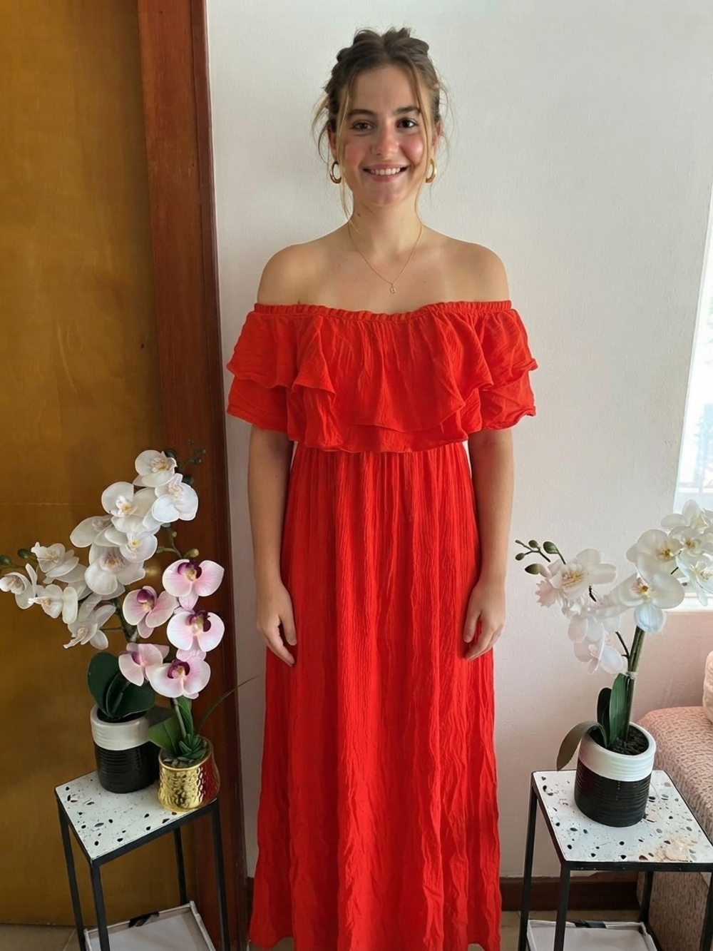 essue Strapless Ruffle Maxi Dress in Bright Red